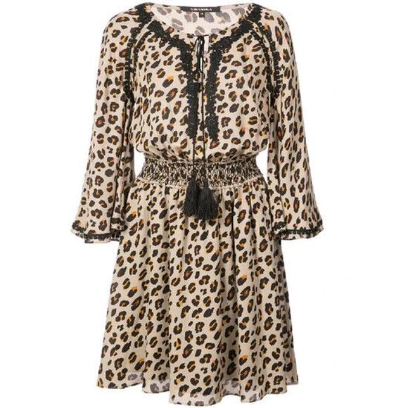 Kobi Halperin Dress Mini Leopard Silk Animal Natural Tassel Silk 3/4 Sle… - Picture 1 of 10